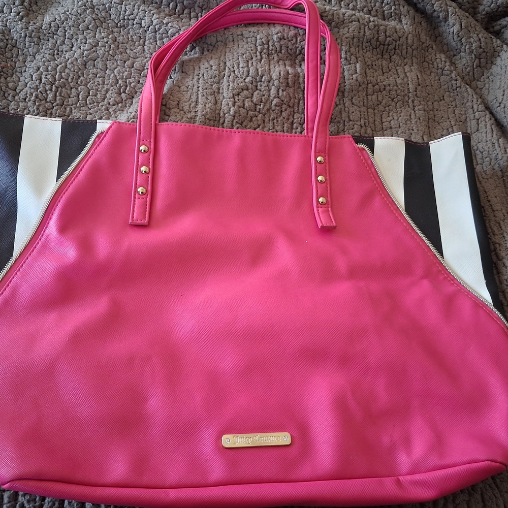 Juicy Couture Hot Pink Tote with Gold Hardware and Black & White Stripe Sides